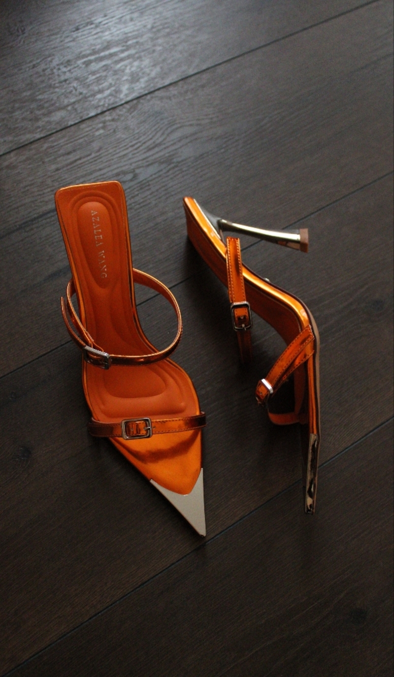 Akira Orange Metallic Pointed Toe Strappy Heels